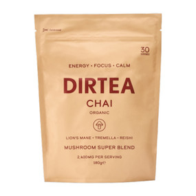 Dirtea Chai 180 grammes in an orange pouch;  this chai tea blends Indian spices,masala, & mushrooms to boost energy, focus, & promotes calm.
