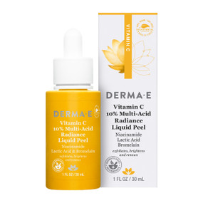 Derma E Vitamin C 10% Multi-Acid Radiance Liquid Peel - 30-ml yellow opaque glass bottle with white dropper and white carton box; an advanced brightening and exfoliating peel removes dead skin cells while targeting uneven skin tone, discoloration, and dark spots.