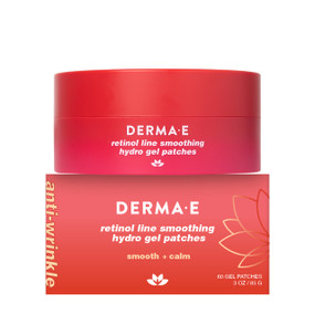 Derma E Retinol Line Smoothing Hydro Gel Patches- 30 pairs in a pink plastic box & pink cardboard box; these retinol eye patches also contain Bakuchiol  to help reduce fine eye lines, wrinkles, and crow’s feet.