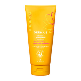 Derma E Vitamin C Foaming Oil Cleanser 175ml in a bright yellow plastic tube; Featuring an innovative oil-to-foam formula, this vitamin c face wash gently removes makeup, dirt, and impurities while brightening and hydrating skin.