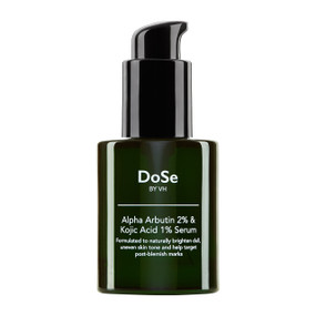 DoSe by VH Alpha Arbutin 2% and Kojic Acid 1% Serum, 30 ml, in a green glass bottle; experience visible results with alpha arbutin serum for hyperpigmentation, age spots, melasma, and PIH.