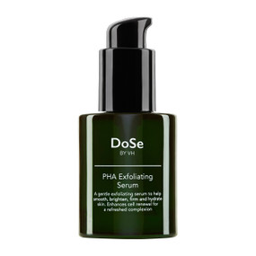 DoSe by VH PHA Exfoliating Serum, 30 ml, in a green glass bottle; this polyhydroxy acid serum is a chemical exfoliant which removes dead skin cells and is much gentle than alphahydroxy acids.