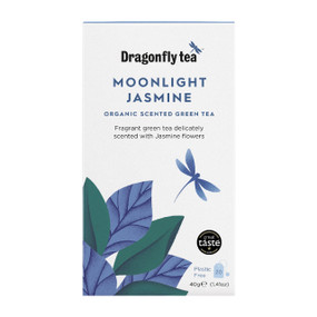 DragonFly Tea Moonlight Jasmine - 20 organic green tea sachets in a white carton, infused with hand-picked jasmine buds for a smooth, floral, and gently aromatic brew.