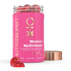 Nutriburst Women’s Multivitamin 60 gummies in a pink plastic tube with gold cap, these multivitamin gummies for women provide B-vitamins for energy,