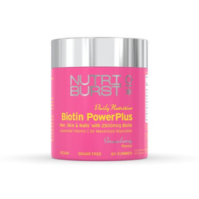 Nutriburst Biotin PowerPlus pink tub with silver lid; is a high biotin supplement with vitamins to help support hair, skin, and nail health from within. 60 sugar-free gummies in a pink plastic tube with silver cap.