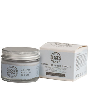 Elsas Organic Skin Food Armpit Restore Serum - blue carton box and 30-Grams blue glass jar; a soothing, calming serum that treats ingrown hairs, bumps, and irritated skin