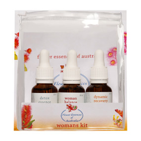 Flower Essences of Australia Woman Kit - 3 glass bottles in a clear bag; contains 25ml each of Woman Balance, Detox Essence and Dynamic Recovery.
