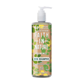 Faith In Nature Chamomile Dog Shampoo - 400-ml plastic bottle; contains calming chamomile essential oils to gently cleanse itchy and sensitive skin in dogs and puppies.