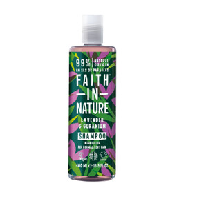 Faith In Nature Lavender & Geranium Shampoo - 400-ml plastic bottle; a treatment shampoo for hair loss which helps balance oil production, stimulates hair growth and leaves your hair with a mood-soothing scent