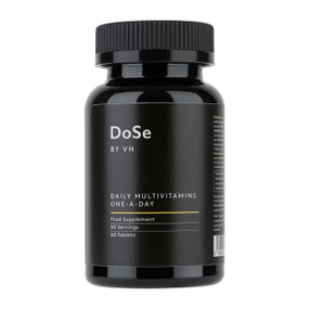 DoSe by VH Daily Multivitamin One-A-Day - 60-Tablets black plastic tub with black label; a multivitamin tablet suitable for men and women with whole food vitamins and minerals to support energy, immunity, bones, digestion, eyes, and prevent deficiencies.