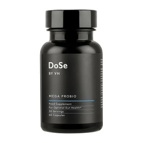 Dose  Mega Probiotic, 60-Capsules black plastic bottle with a black label;  a probiotic supplement free from dairy, gluten & wheat- for digestion, gut health & immunity. Suitable for both men & women.