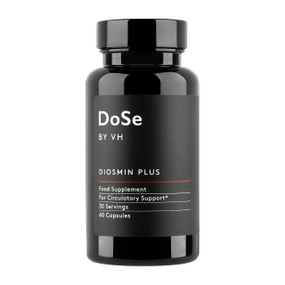 Dose by VH Diosmin Plus: 60 capsules in a black plastic tub with a black label; Diosmin is a bioflavonoid to treat poor circulation, haemorrhoids, and cold hands and feet such as in Raynaud's.