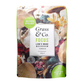 Grass & Co Focus Lion's Mane Mushroom Powder 100g plastic pouch; pure Lion's Mane powder with Ginseng, Omega-3, and Vitamin B12, which contribute to normal psychological function and nervous system function