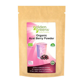 Golden Greens Organic Acai Berry Powder 50g in a paper pouch;  Boost energy and support immunity with Acai Berry Powder, vegan, nutrient rich, packed with iron, antioxidants and potassium.