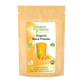 Golden Greens Organic Maca Powder 100g in a brown pouch;