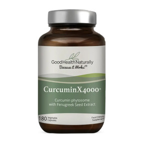 Good Health Naturally Curcumin X4000 - 200-mg 180-Capsules in a brown glass jar;  a high-potency curcumin supplement