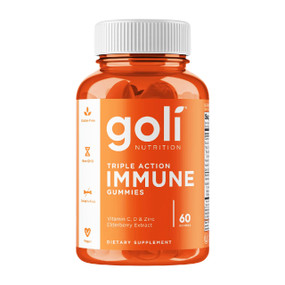 Goli® Nutrition Triple Action Immune 60 Gummies in an orange plastic tube & white cap; deliciously flavoured immune gummies to boost immunity and prevent infections.