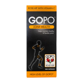 GOPO Joint Health 200-Capsules in a grey and orange cardboard box;  a patented glycoside from rosehip used to maintain joint health and flexibility