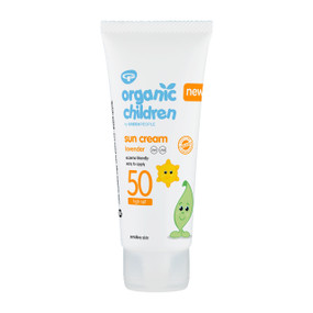 Green People Organic Children Lavender Sun Cream SPF50 100ml in a white plastic tube; kind to sensitive skin and is specifically formulated for babies and children