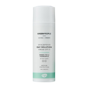 Green People Day Solution SPF15, 50-ml in a white plastic tube, protects skin against UV damage and premature ageing