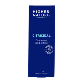 Higher Nature Citricidal Liquid - 25-ml bottle in a blue cardboard box; can be used externally and internally to prevent infections.