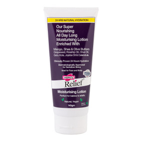 Hopes Relief Nourishing All Day Long Moisturising Lotion - 145-Grams white plastic tube with purple label; provides all day moisture to help repair the skin's natural barrier, restore flexibility, and regenerate new skin cells.