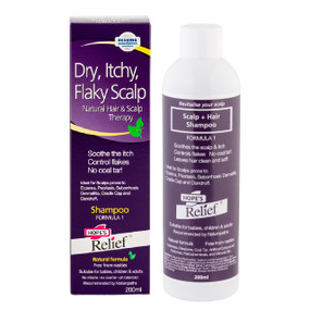 Hopes Relief Dry Itchy Flaky Scalp Shampoo - purple cardboard box and 200-ml purple plastic tube; a gentle scalp shampoo for itchy scalp, dry scalp & flaky scalp.