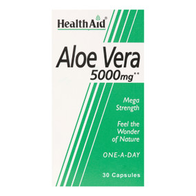HealthAid Aloe Vera 5000mg 30 capsules, green & white box with glass bottle inside, help benefit skin & provide relief for constipation.