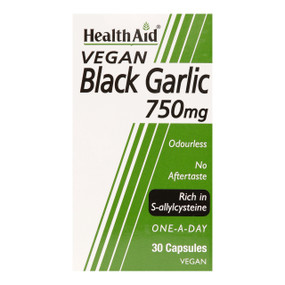 HealthAid Black Garlic - 750-mg 30-Capsules glass jar in a box; provides more heart protective compounds than white garlic.