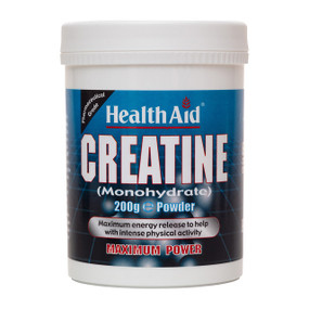 HealthAid Creatine Monohydrate 200g in a white plastic tub with blue label;