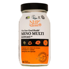 Natural Health Practice Meno Multi Support - 60-Capsules glass bottle with white and orange label and black lid; specially formulated with all the essential vitamins and minerals needed to give support during the menopause and beyond, as well as supporting good bone health.