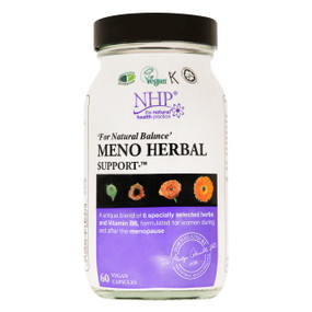 Natural Health Practice Meno Herbal Support™ - 60-Capsules glass bottle with white and purple label and black lid; organic herbal food supplement for women during the menopause