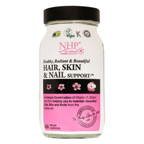 Natural Health Practice Hair, Skin and Nail Support - 60-Capsules glass bottle with white and pink label and black lid; a combination of nutrients especially chosen to address dry, damaged & brittle hair, skin & nails.