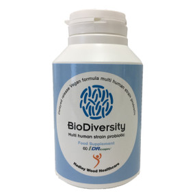 Hadley Wood Healthcare BioDiversity - 60-capsules in white plastic bottle with blue label; a probiotic supplement with human strains found in healthy people.
