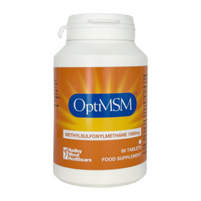Hadley Wood Healthcare OptiMSM™ 1000mg, 90 tablets in a white plastic tube & orange label, a high quality MSM supplement