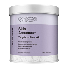 Advanced Nutrition Programme Skin Accumax - 60-Capsules front image; contains a special combination of vitamins A, C and E, which support skin health