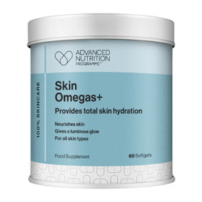 Advanced Nutrition Programme Skin Omegas+ - 60-softgels in a cardboard jar withblue label and silver cap