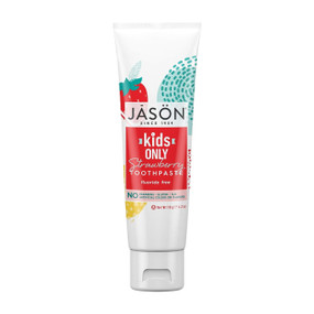 Jason Kids Only™ Strawberry Toothpaste Fluoride Free - 119-Grams white aluminium toothpaste tube; a specially designed strawberry-flavoured toothpaste for kids aged 2 and over that provides protection and keeps teeth clean and healthy.
