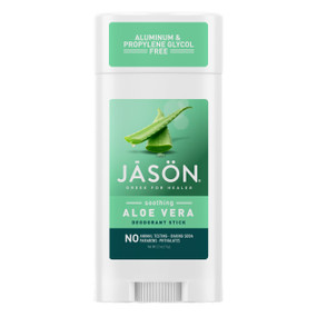 Jason Soothing Aloe Vera Deodorant Stick - 71-Grams white plastic container with green label - clinically tested to control underarm odour and deliver day-long protection.