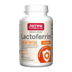 Jarrow Lactoferrin 60 capsules in a white plastic tube;   Lactoferrin supports a healthy immune system, helps maintain a balanced gut flora, and protects cells from oxidative stress.