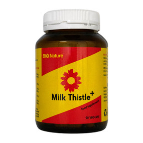 Bio Nature, formerly Kordels Milk Thistle Plus 90-capsules - brown jar with a yellow and red label