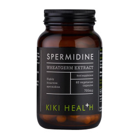 Kiki Health Spermidine 700mg 60 capsules in a amber glass jar with black cap; particularly for adults who want to support cellular health and overall well-being.