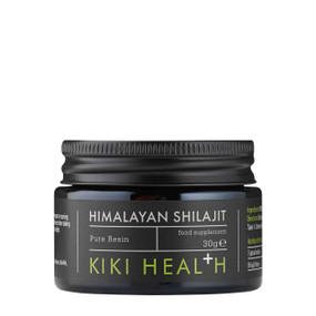 Kiki Health Shilajit 30g in a black jar; is a natural resin sourced from the pristine Himalayan region, known for its rich mineral content,  humic acid, and fulvic acid to boost energy & vitality.
