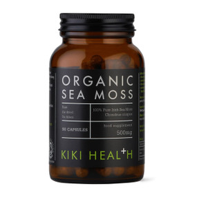 Kiki Health Organic Sea Moss 90 capsules in a amber glass jar with black cap; Kiki Health Organic Sea Moss capsules contain wildcrafted irish moss, rich in iodine, calcium, magnesium, and over 90 essential minerals. Vegan and pure.