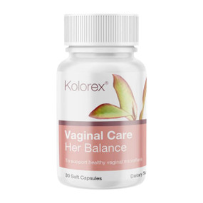 Kolorex Vaginal Care Her Balance - 30-Softgels white and pink plastic tub in a box; olorex Horopito Extract helps support vaginal health and balance the microflora in the vaginal tissues.
