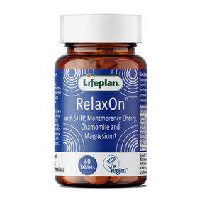 Lifeplan RelaxOn With 5HTP - 60-Tablets brown glass jar, blue label; helps the normal functioning of the nervous system and normal psychological function.