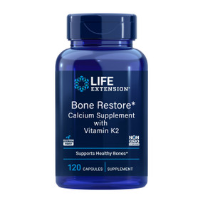 Life Extension Bone Restore with Vitamin K2 - 120-Capsules blue bottle; contains 700mg of high absorption calcium helps build healthy bone tissues for those with brittle bones