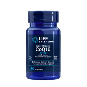 Life Extension Super Ubiquinol CoEnzyme Q10 30 softgels - blue bottle; Kaneka Ubiquinol helps to maintain healthy heart, muscles, gum tissues and the immune system, all of which have a high-energy requirement, as well as a high antioxidant requirement.