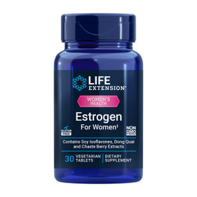 Life Extension Estrogen For Women - 30-Tablets blue bottle; helps to alleviate common menopausal concerns including hot flushes, night sweats. mood swings and anxiety.