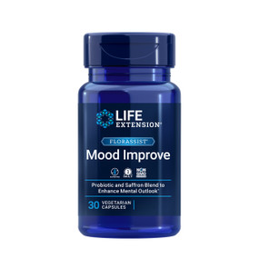 Life Extension Florassist Mood Improve - 30-Capsules blue bottle; a mood boosting probiotic blend with Saffron to help tackle the symptoms of stress and anxiety.